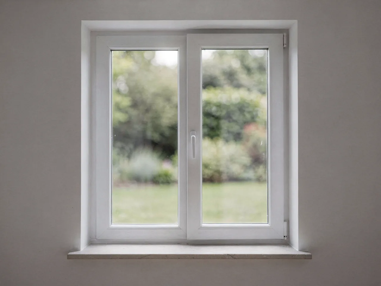 White PVC window seen from inside, with a blurred garden behind it