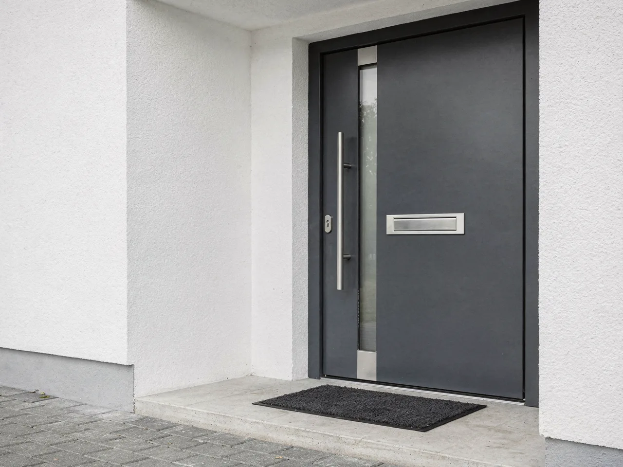 Anthracite grey aluminium front door with a long stainless steel bar handle on a light rendered facade